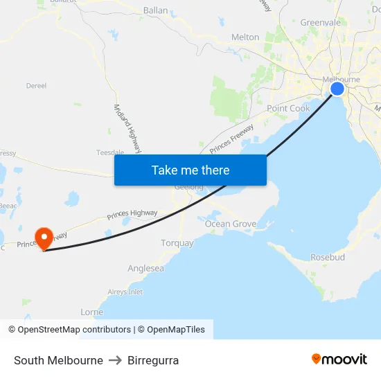 South Melbourne to Birregurra map