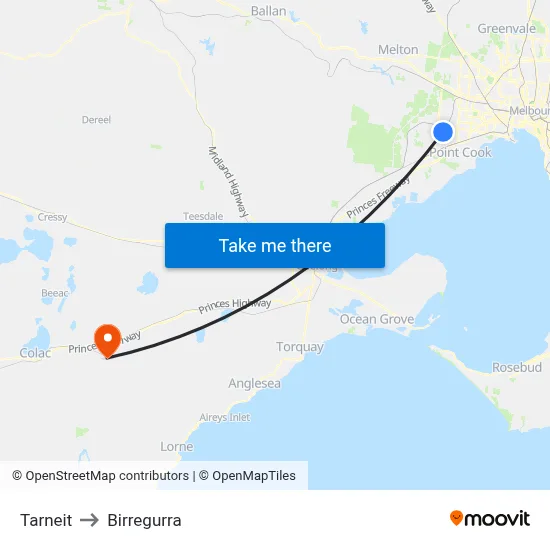 Tarneit to Birregurra map