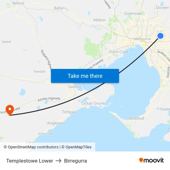 Templestowe Lower to Birregurra map