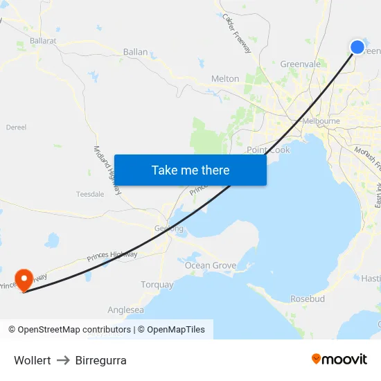 Wollert to Birregurra map