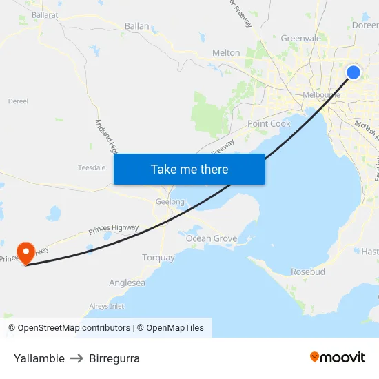 Yallambie to Birregurra map