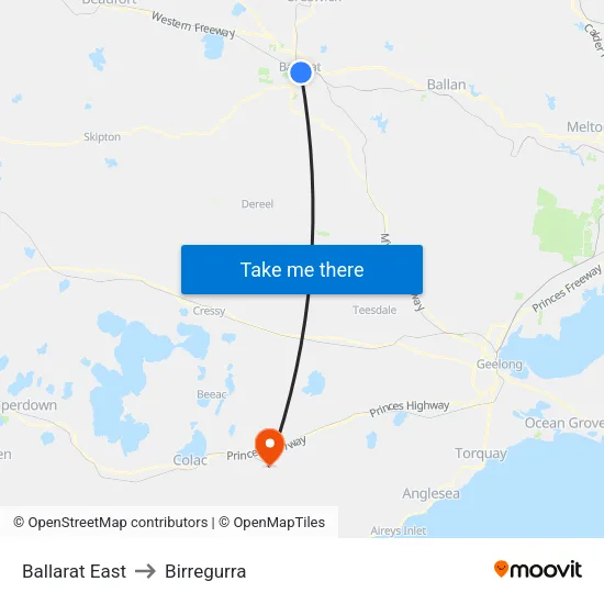 Ballarat East to Birregurra map