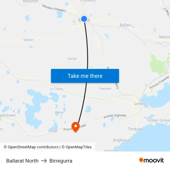 Ballarat North to Birregurra map