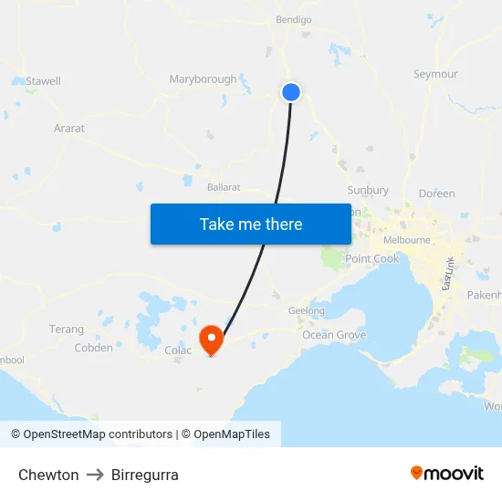 Chewton to Birregurra map