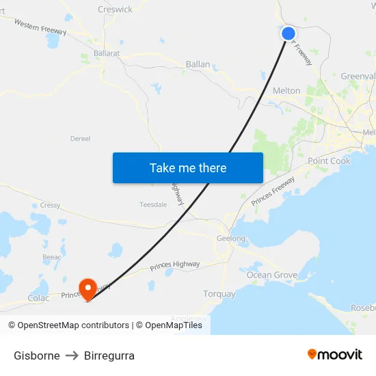 Gisborne to Birregurra map