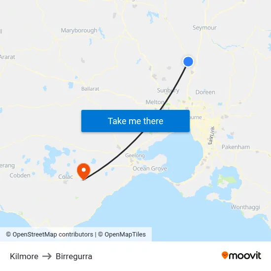 Kilmore to Birregurra map