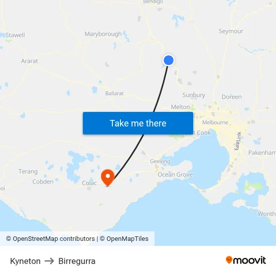Kyneton to Birregurra map
