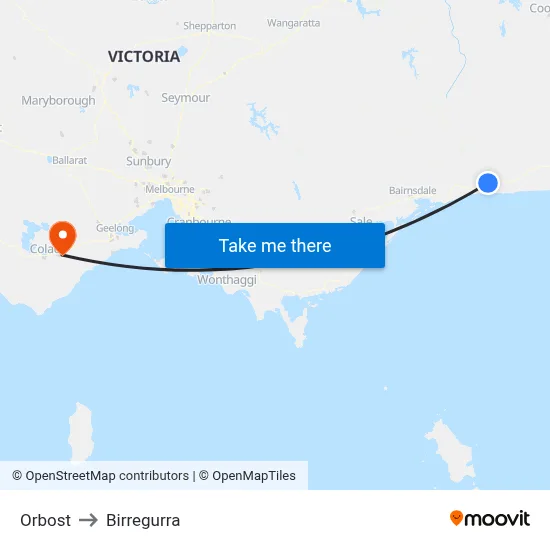 Orbost to Birregurra map