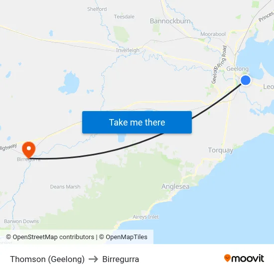 Thomson (Geelong) to Birregurra map