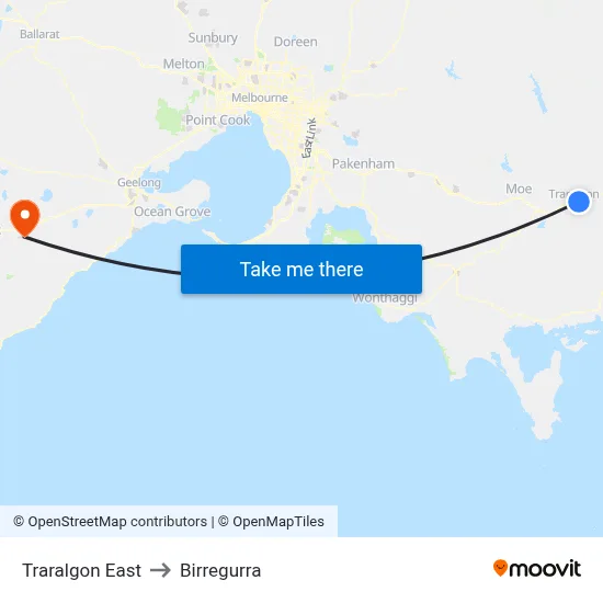 Traralgon East to Birregurra map