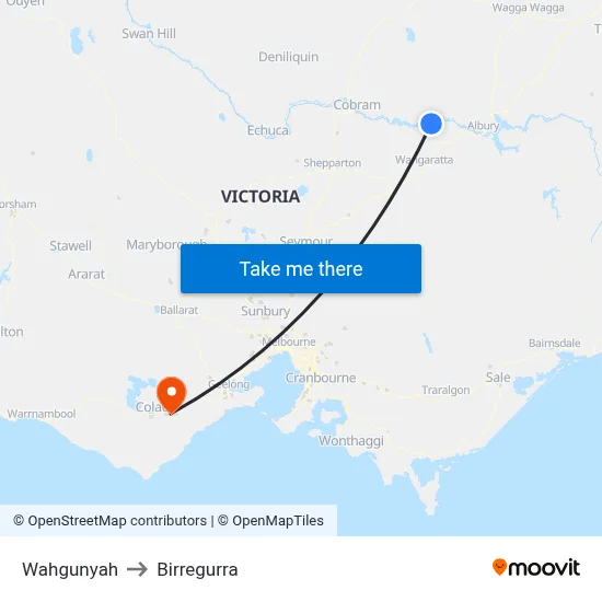 Wahgunyah to Birregurra map