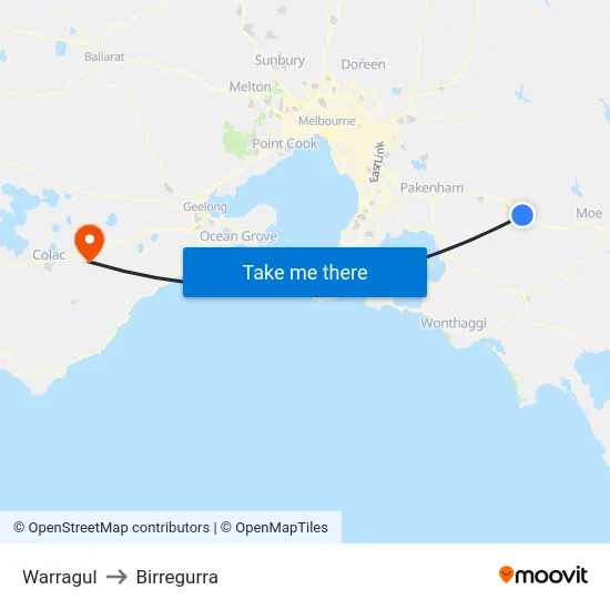 Warragul to Birregurra map