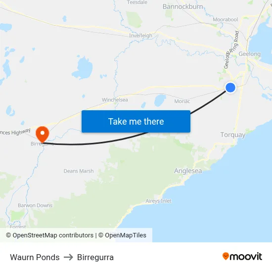 Waurn Ponds to Birregurra map