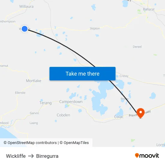 Wickliffe to Birregurra map