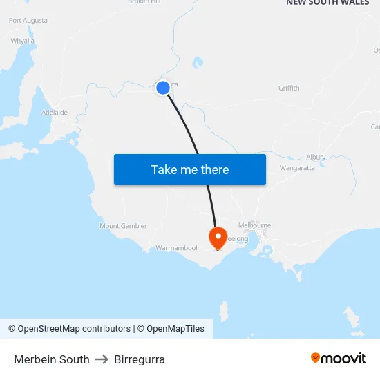 Merbein South to Birregurra map