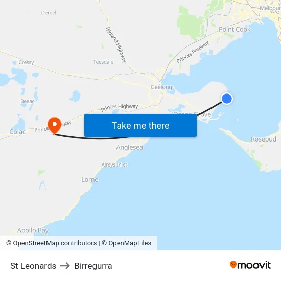 St Leonards to Birregurra map