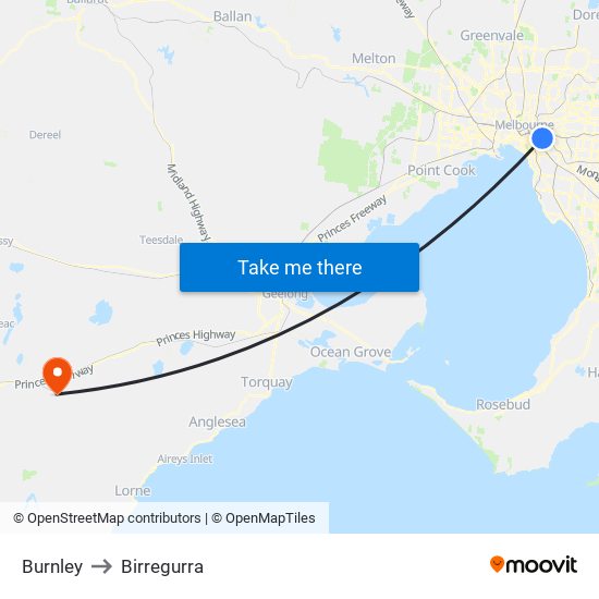 Burnley to Birregurra map