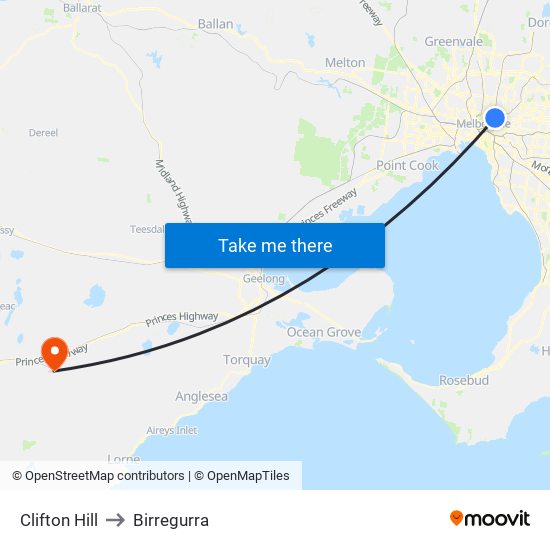 Clifton Hill to Birregurra map