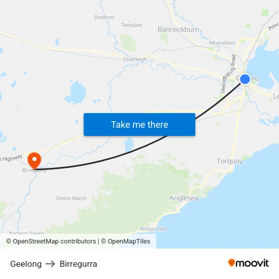 Geelong to Birregurra map