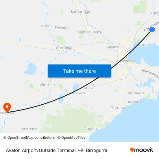 Avalon Airport/Outside Terminal to Birregurra map