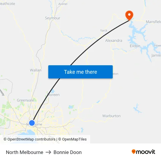 North Melbourne to Bonnie Doon map