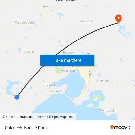 Colac to Bonnie Doon map