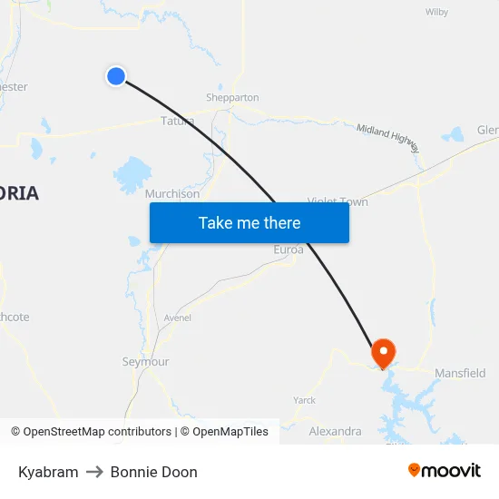 Kyabram to Bonnie Doon map