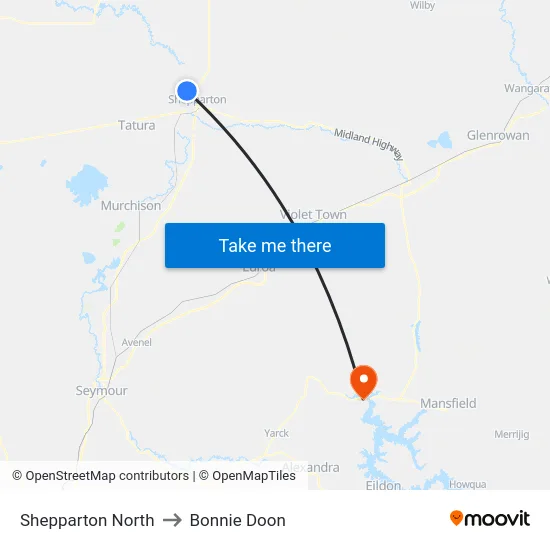 Shepparton North to Bonnie Doon map