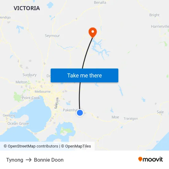 Tynong to Bonnie Doon map