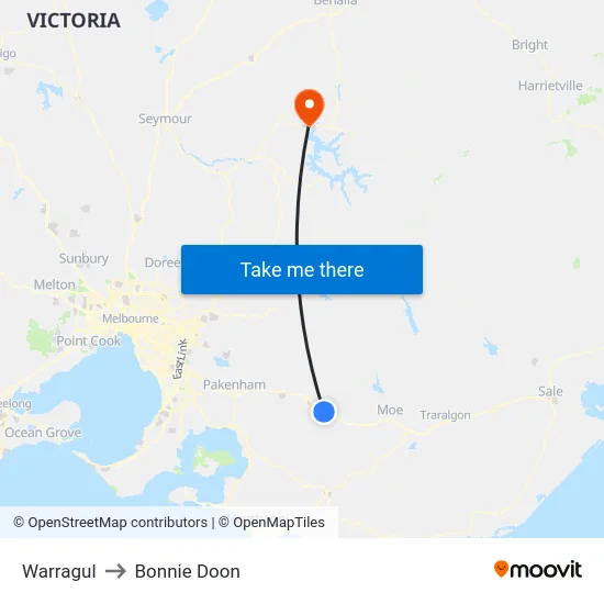 Warragul to Bonnie Doon map