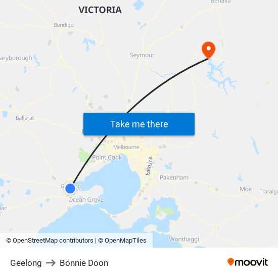 Geelong to Bonnie Doon map