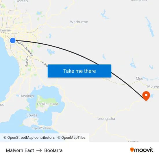 Malvern East to Boolarra map