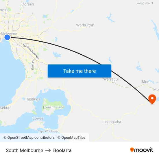 South Melbourne to Boolarra map