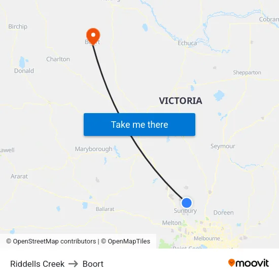 Riddells Creek to Boort map