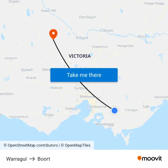 Warragul to Boort map