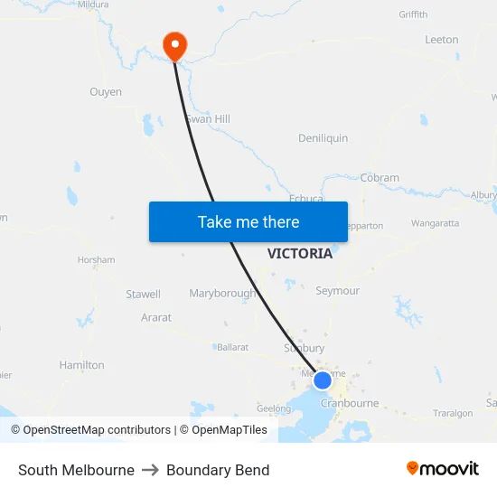 South Melbourne to Boundary Bend map