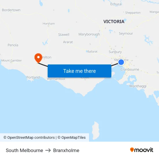 South Melbourne to Branxholme map