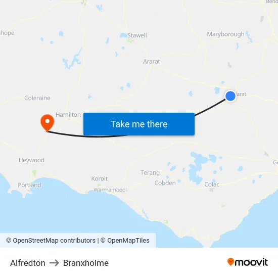 Alfredton to Branxholme map