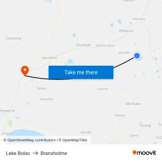 Lake Bolac to Branxholme map
