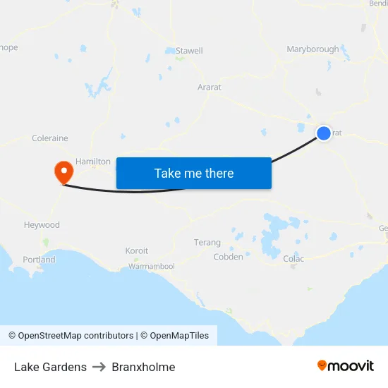 Lake Gardens to Branxholme map