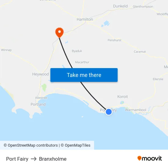 Port Fairy to Branxholme map