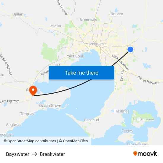 Bayswater to Breakwater map