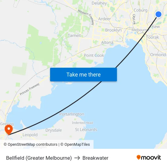 Bellfield (Greater Melbourne) to Breakwater map