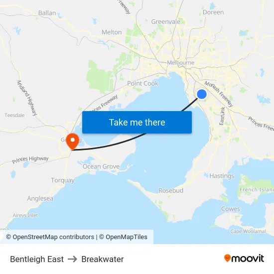 Bentleigh East to Breakwater map