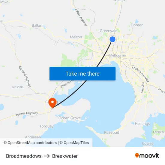 Broadmeadows to Breakwater map