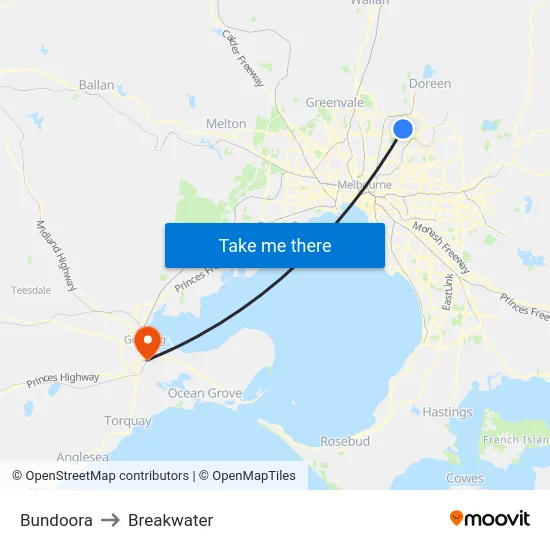 Bundoora to Breakwater map