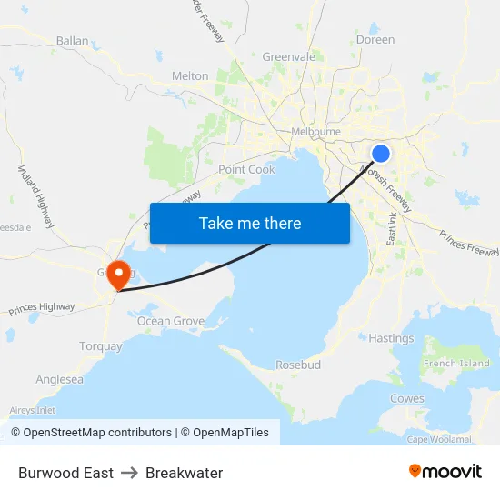 Burwood East to Breakwater map