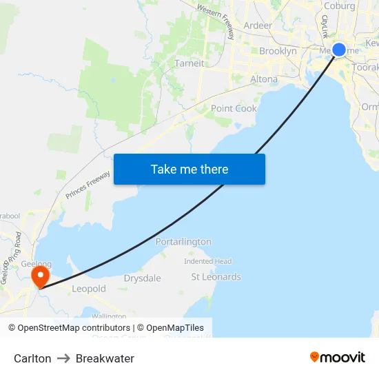 Carlton to Breakwater map
