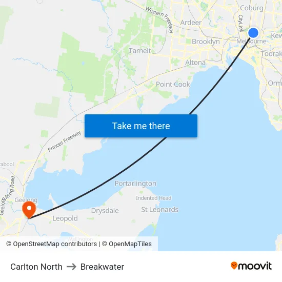 Carlton North to Breakwater map