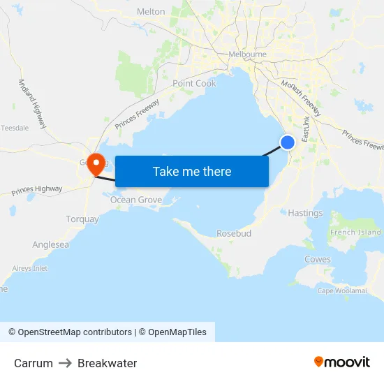 Carrum to Breakwater map